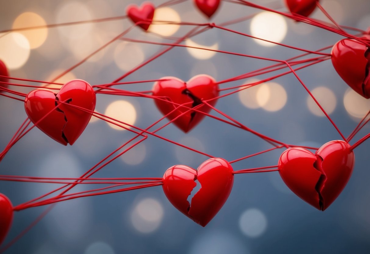 A series of tangled red strings connecting to various broken hearts, representing the complex and frustrating dating patterns discussed in the book "Textationships 20 Dating Patterns That Are Keeping You Single."