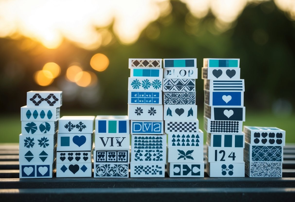 A stack of 20 different patterns and symbols representing dating, arranged on a bench