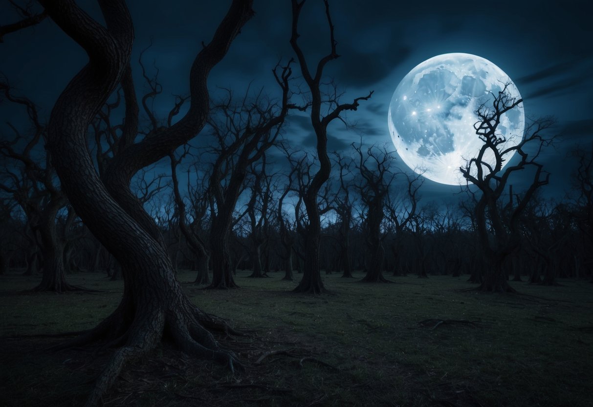 A dark forest with twisted, tangled trees and eerie shadows cast by a full moon