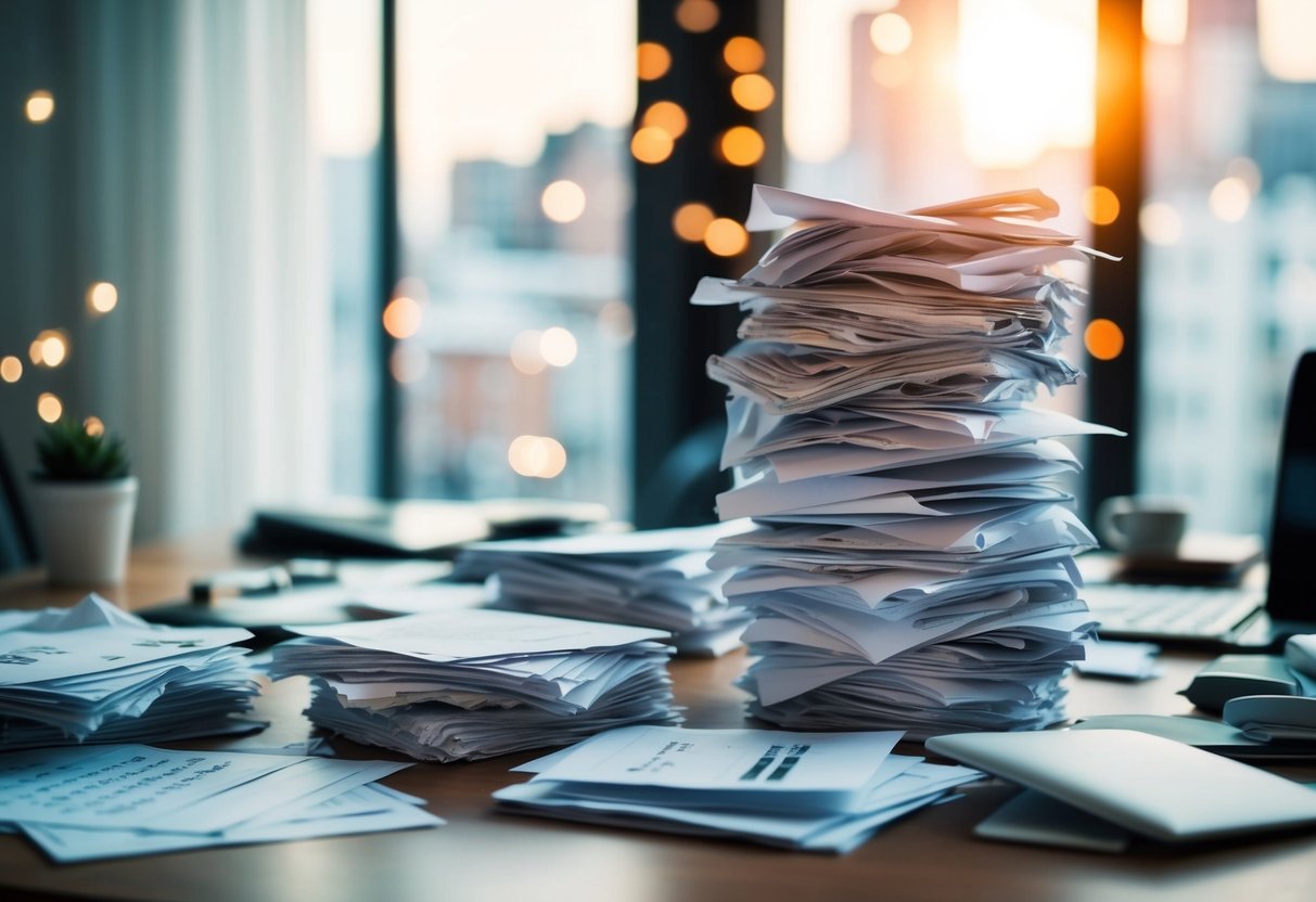 A stack of crumpled papers with various dating patterns scattered on a cluttered desk