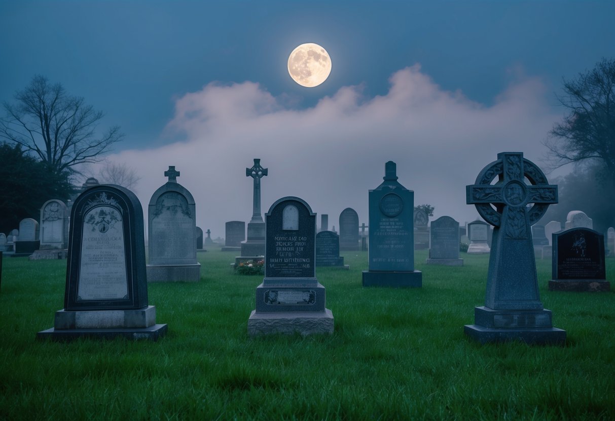 A graveyard with various tombstones, a full moon illuminating the scene, and eerie fog rolling in