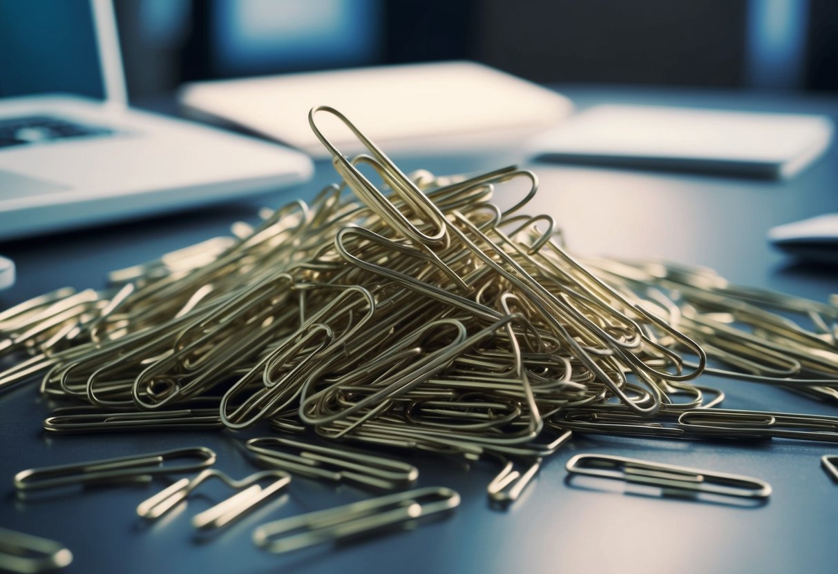 A pile of tangled paperclips, some straight and orderly, others twisted and knotted, scattered across a desk