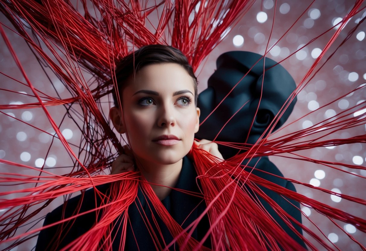 A person surrounded by a web of tangled red strings, with a shadowy figure whispering in their ear