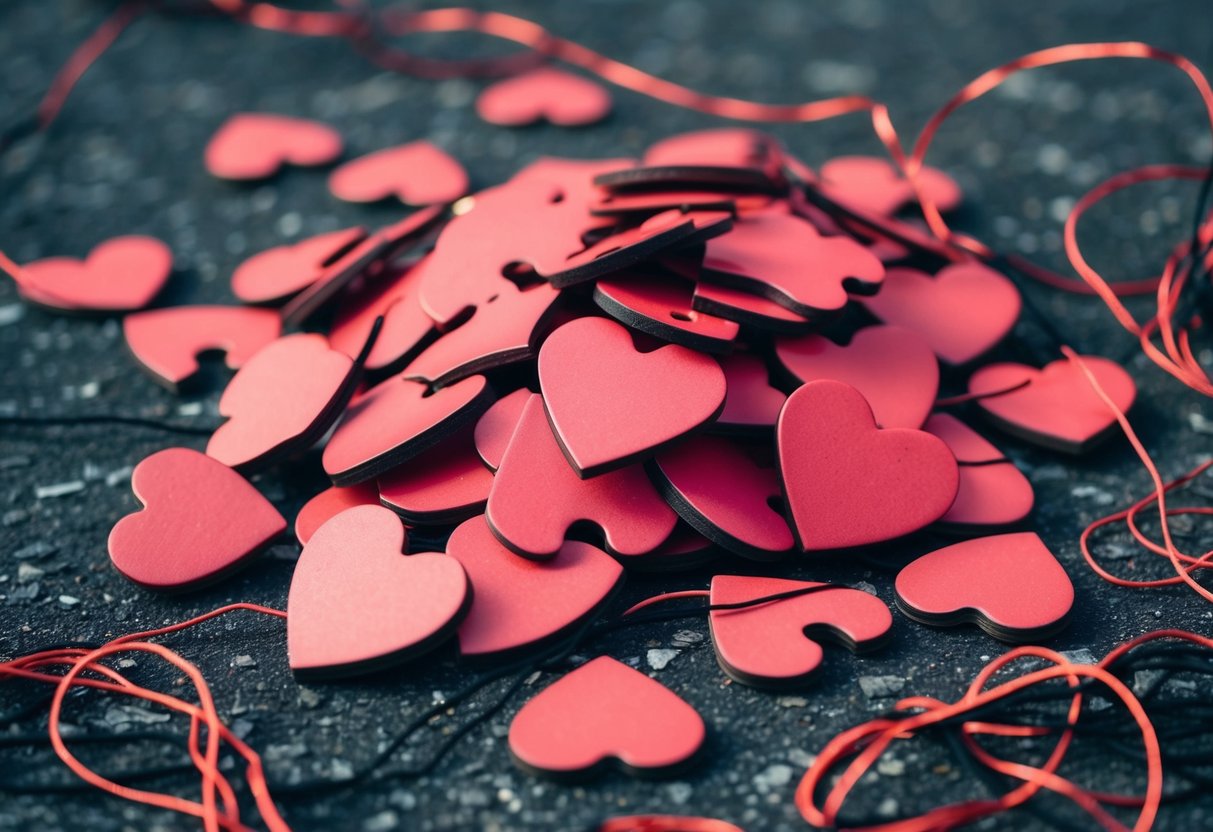 A pile of broken heart-shaped puzzle pieces scattered on the ground, surrounded by a tangle of red and black thread