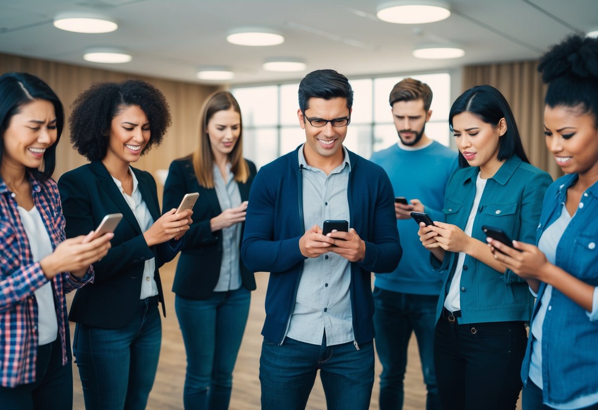 A group of people standing in a circle, each looking at their phones with anxious expressions. Some are laughing, while others appear frustrated or disappointed