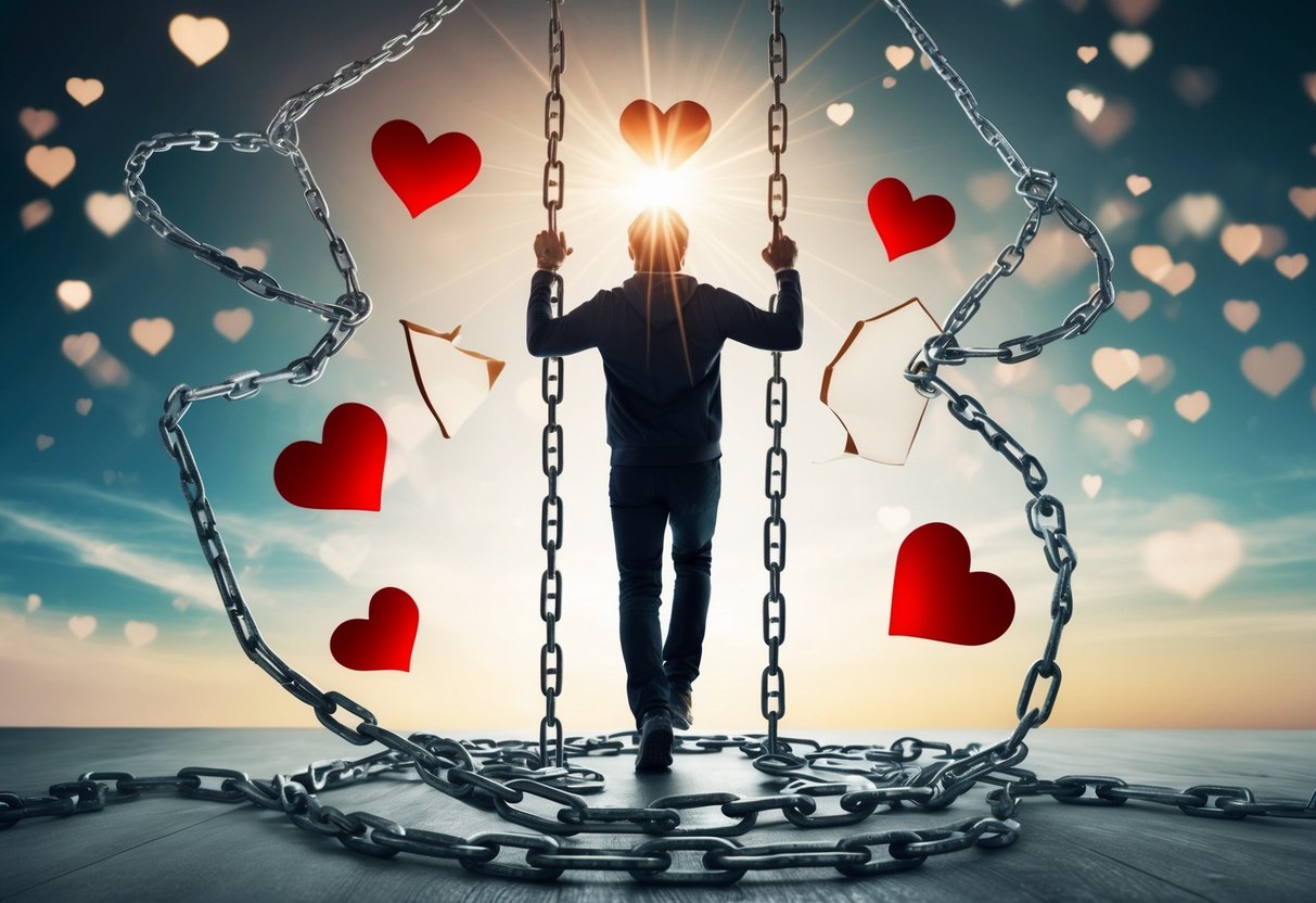 A person breaking free from chains and stepping into the light, surrounded by broken heart symbols and tangled relationship patterns