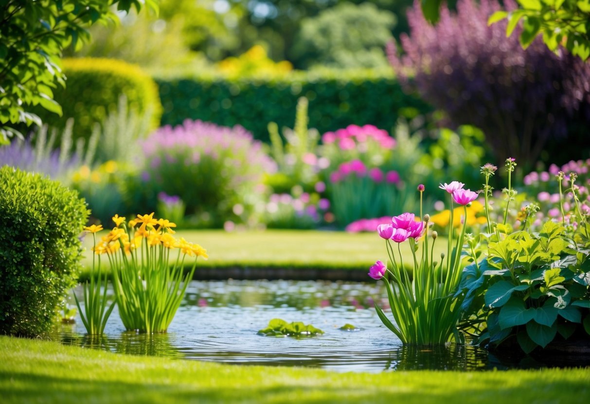 A serene garden with blooming flowers and a peaceful pond surrounded by lush greenery, offering a sense of tranquility and renewal