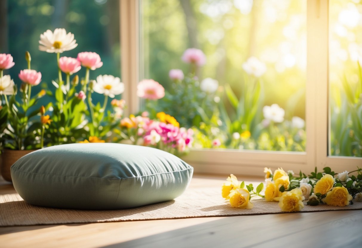 A serene, sunlit room with a cozy meditation cushion surrounded by blooming flowers and tranquil nature scenes