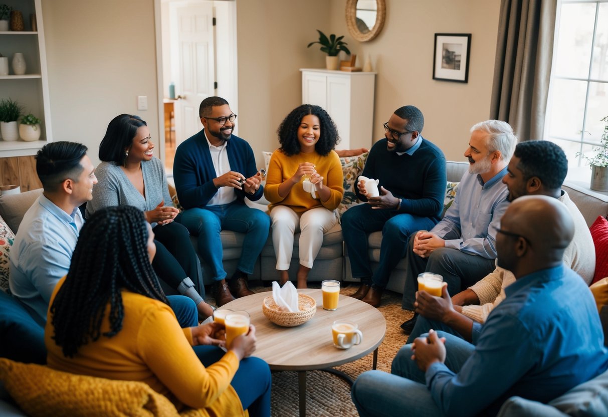 A circle of diverse individuals sitting in a cozy room, sharing stories and offering comfort to one another. A warm and welcoming atmosphere with tissues and comforting beverages available