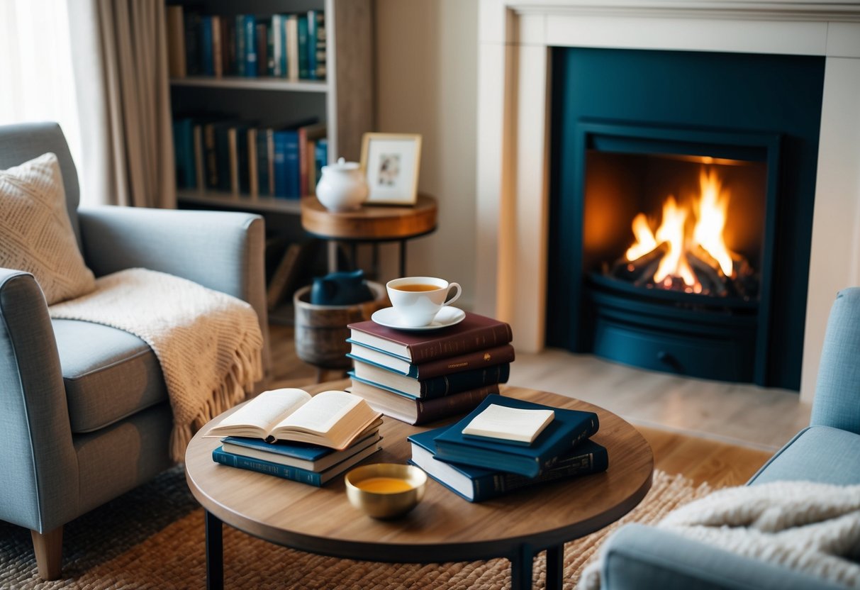 A cozy living room with a crackling fireplace, a pile of books, and a cup of tea on a side table, surrounded by comfortable chairs and soft blankets