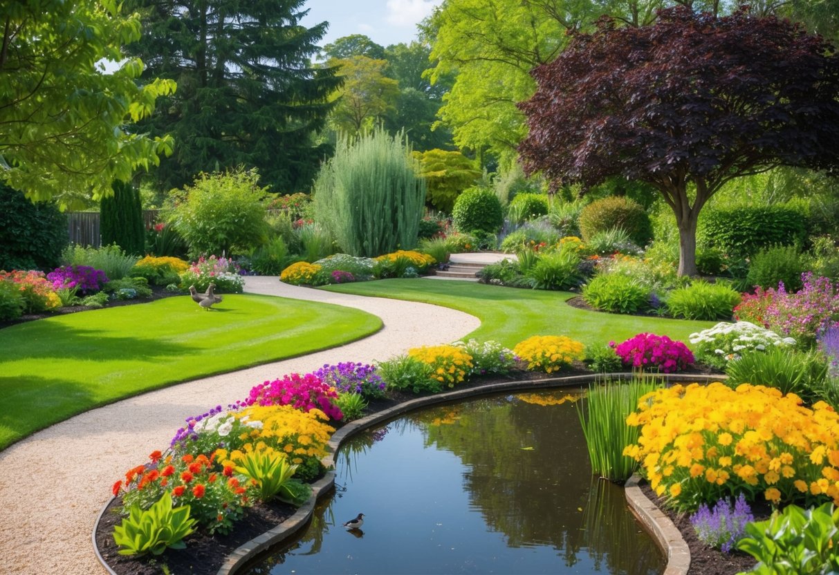 A serene garden with colorful flowers and a winding path leading to a peaceful pond, surrounded by trees and birds chirping