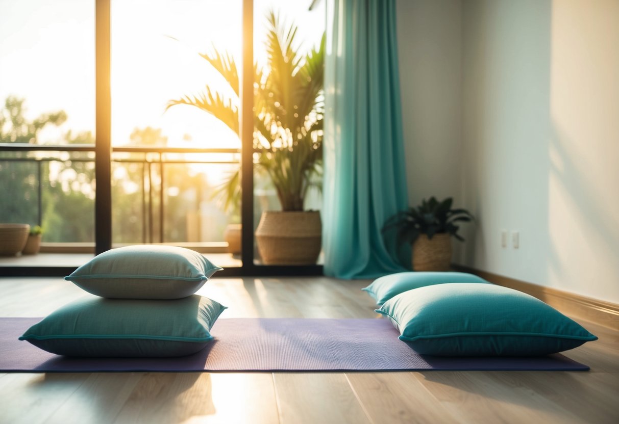 A serene, sunlit room with a yoga mat and soft pillows arranged in a calming space for emotional healing