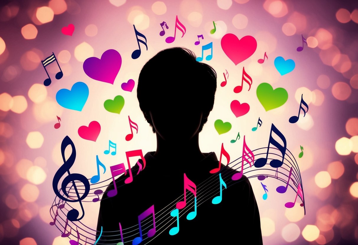 A person's silhouette surrounded by colorful musical notes and hearts, with a sense of hope and healing emanating from the music