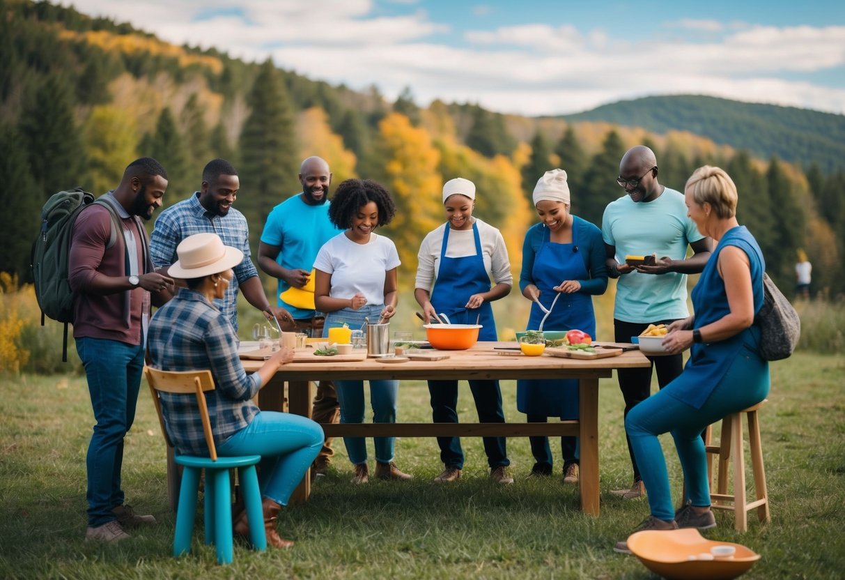 A group of diverse individuals engage in various local activities, such as hiking, painting, and cooking, as they bond and heal together