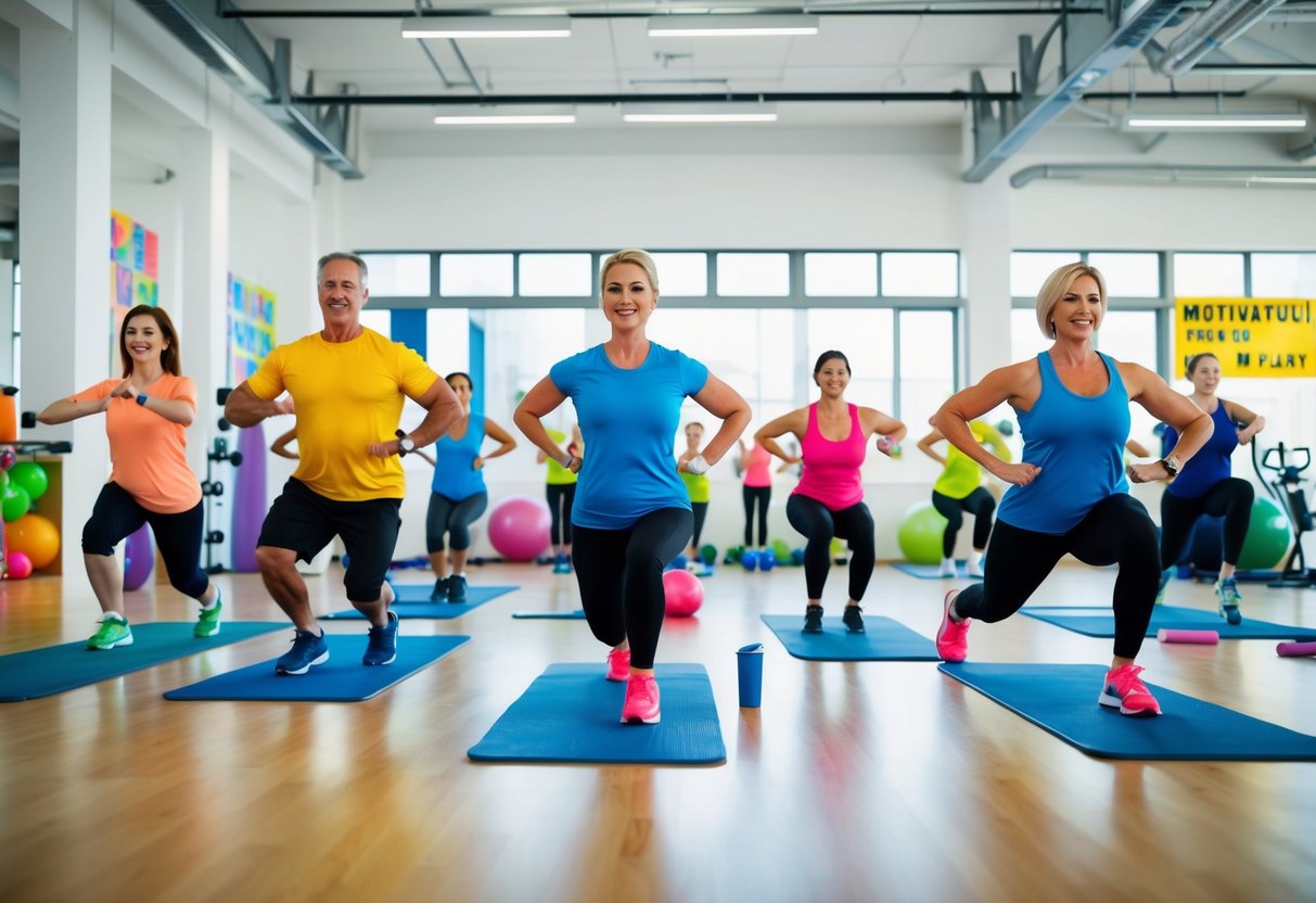 A group of people participating in various aerobic exercises in a bright and spacious gym, surrounded by colorful equipment and motivational posters