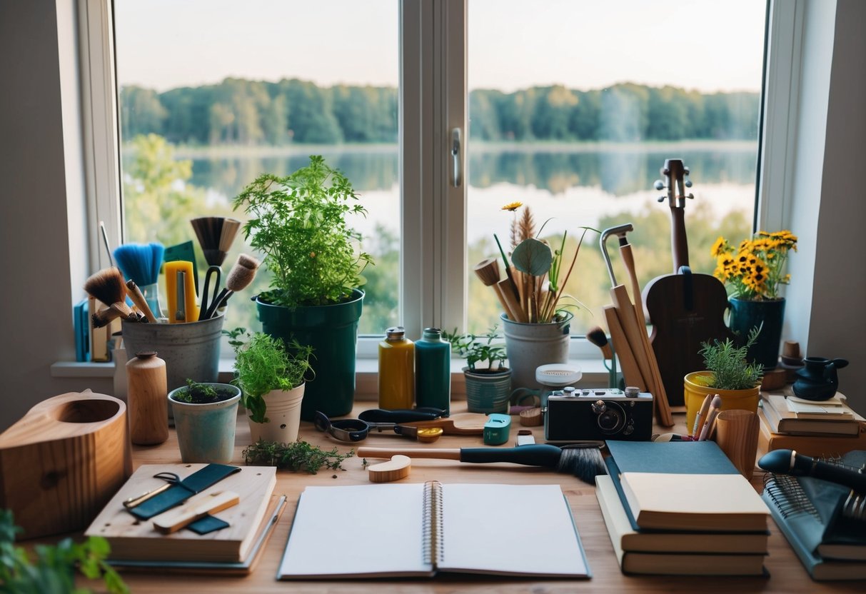 A person surrounded by art supplies, gardening tools, musical instruments, and books on a table, with a serene view of nature outside the window