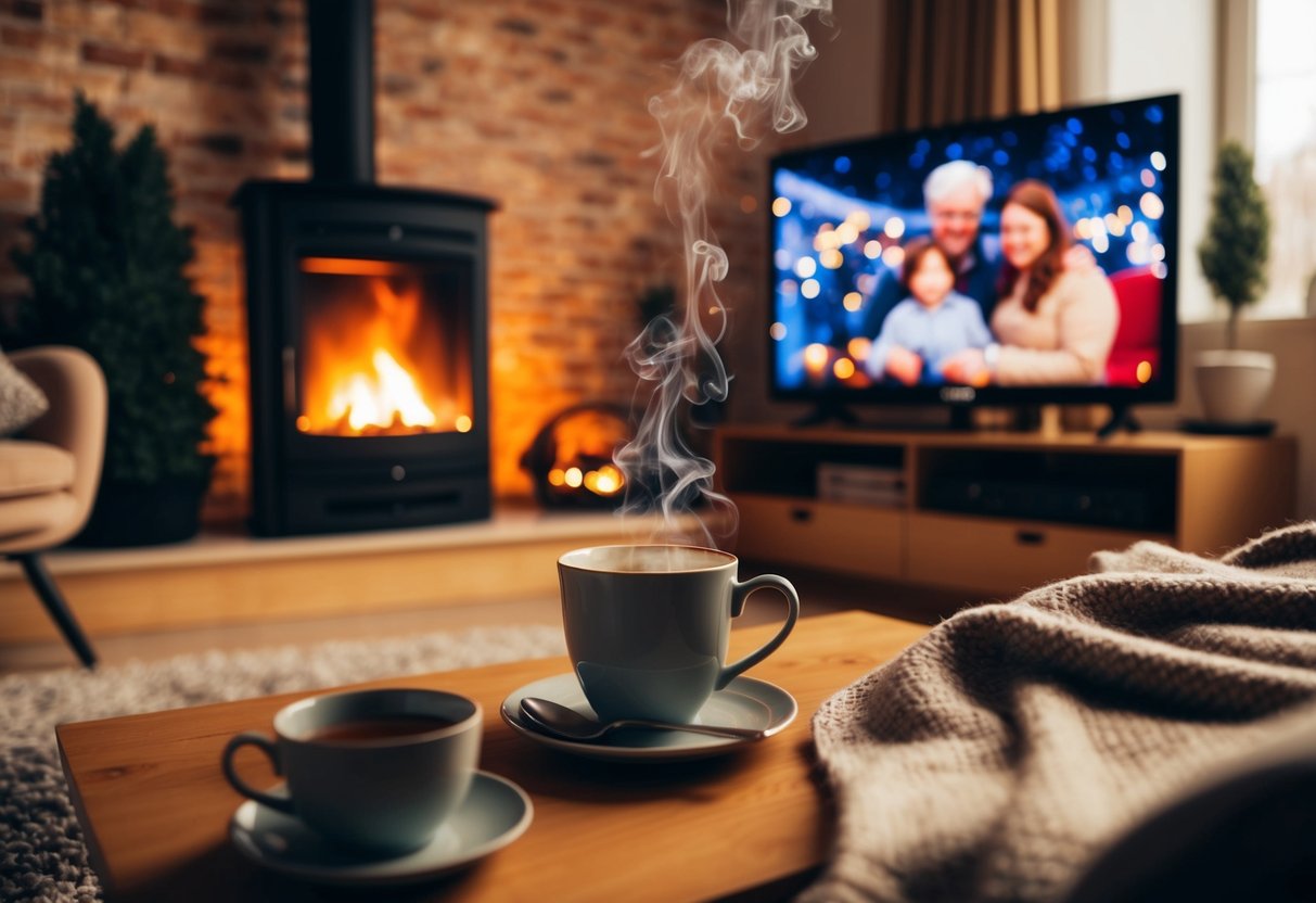 A cozy living room with a flickering fireplace, a warm blanket, and a steaming mug of tea, while a heartwarming film plays on the TV