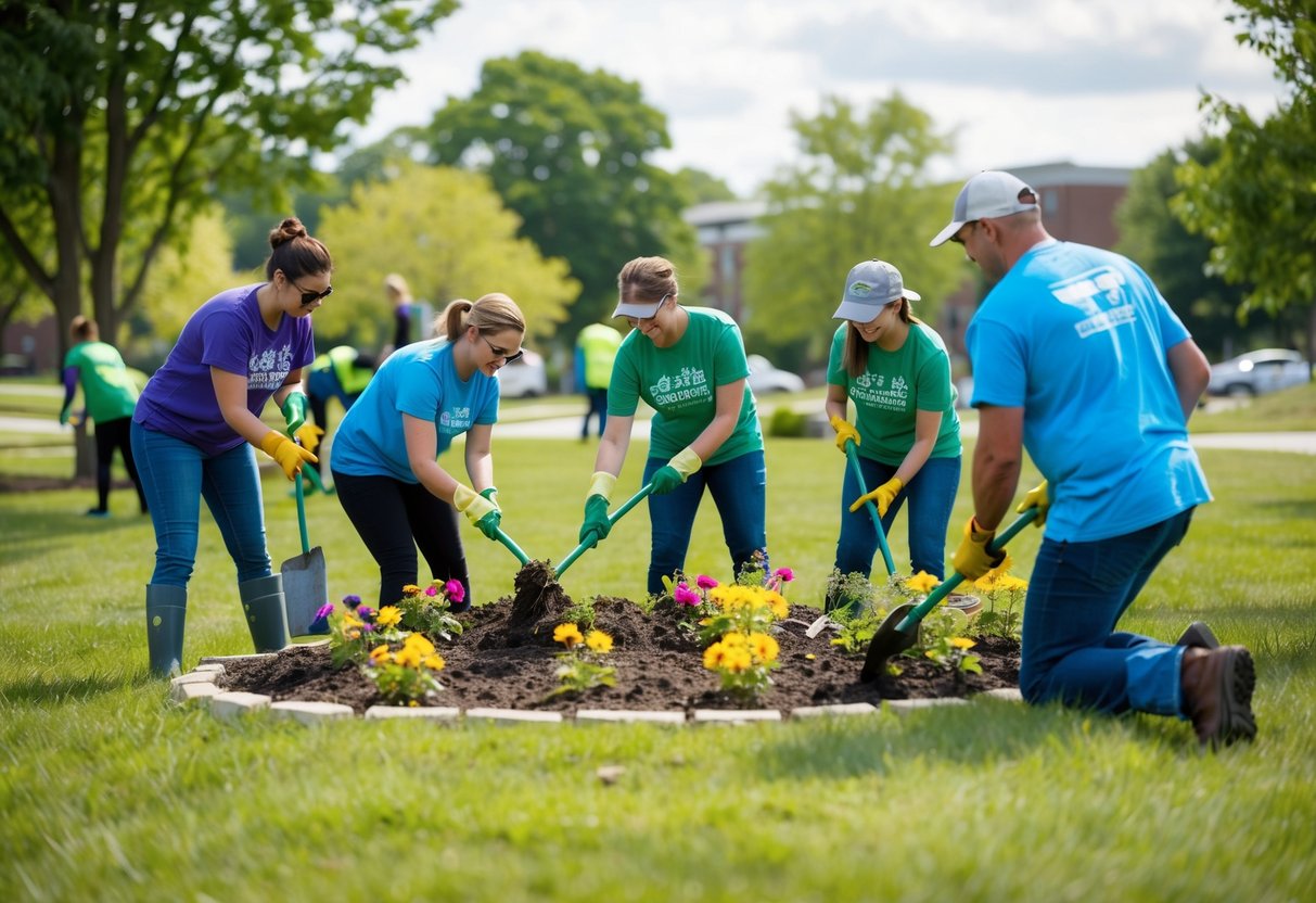 A group of volunteers working together to clean up a local park, planting new flowers and trees to heal the community