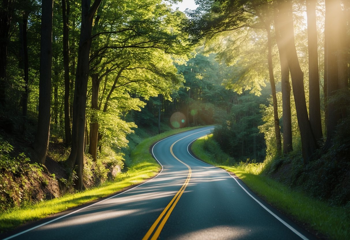 A winding road cutting through a lush forest, with sunlight filtering through the trees, creating dappled patterns on the ground