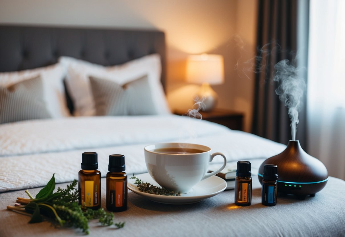 A cozy bedroom with soft lighting, a warm cup of herbal tea, and a variety of essential oils and diffusers creating a calming and soothing atmosphere