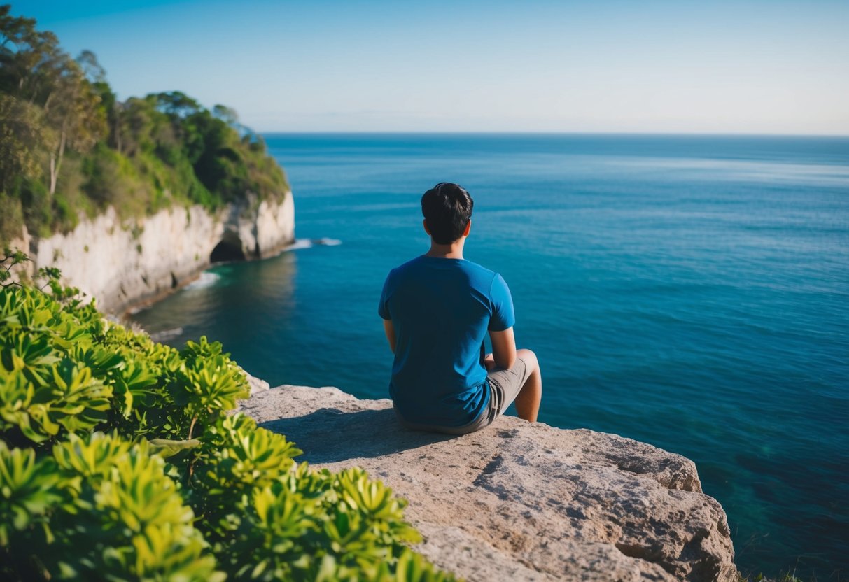 A person sitting on a rocky cliff overlooking a serene ocean, surrounded by lush greenery and a clear blue sky