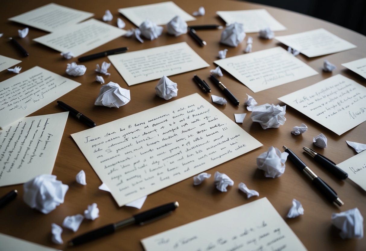 A collection of handwritten letters strewn across a table, each one addressed to the writer, surrounded by scattered pens and crumpled paper