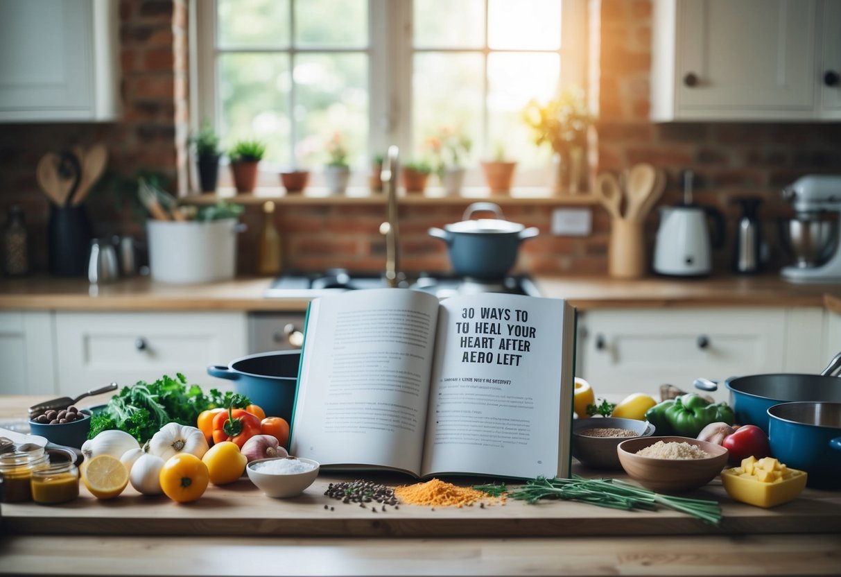 A cozy kitchen with a variety of ingredients and cooking utensils spread out on the counter, a cookbook titled "30 Ways to Heal Your Heart After Being Left" open to a recipe