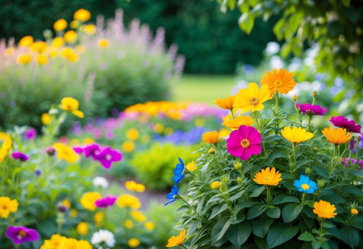 A peaceful garden with colorful flowers and lush greenery, surrounded by a serene and calming atmosphere