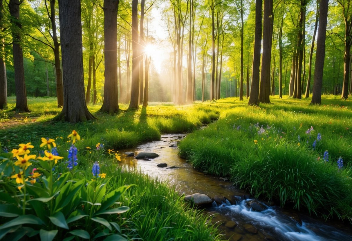 A serene forest clearing with sunlight filtering through the trees, a gentle stream flowing, and colorful wildflowers blooming