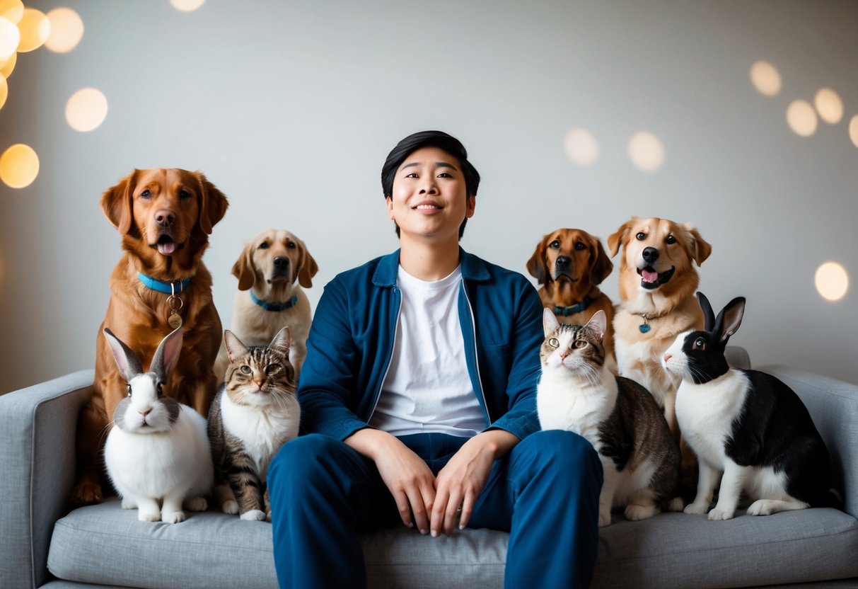 A person sitting on a couch, surrounded by various pets such as dogs, cats, and rabbits, all looking up at the person with adoring eyes