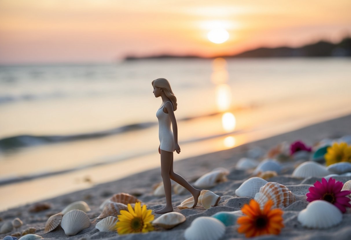 A serene beach at sunset with a figure walking along the shoreline, surrounded by seashells and colorful flowers