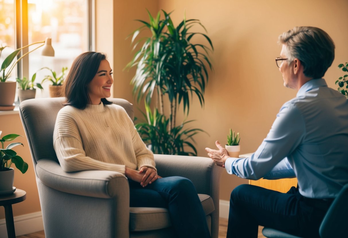 A person sitting in a cozy chair, surrounded by plants and soft lighting, talking to a therapist or counselor in a warm and inviting office