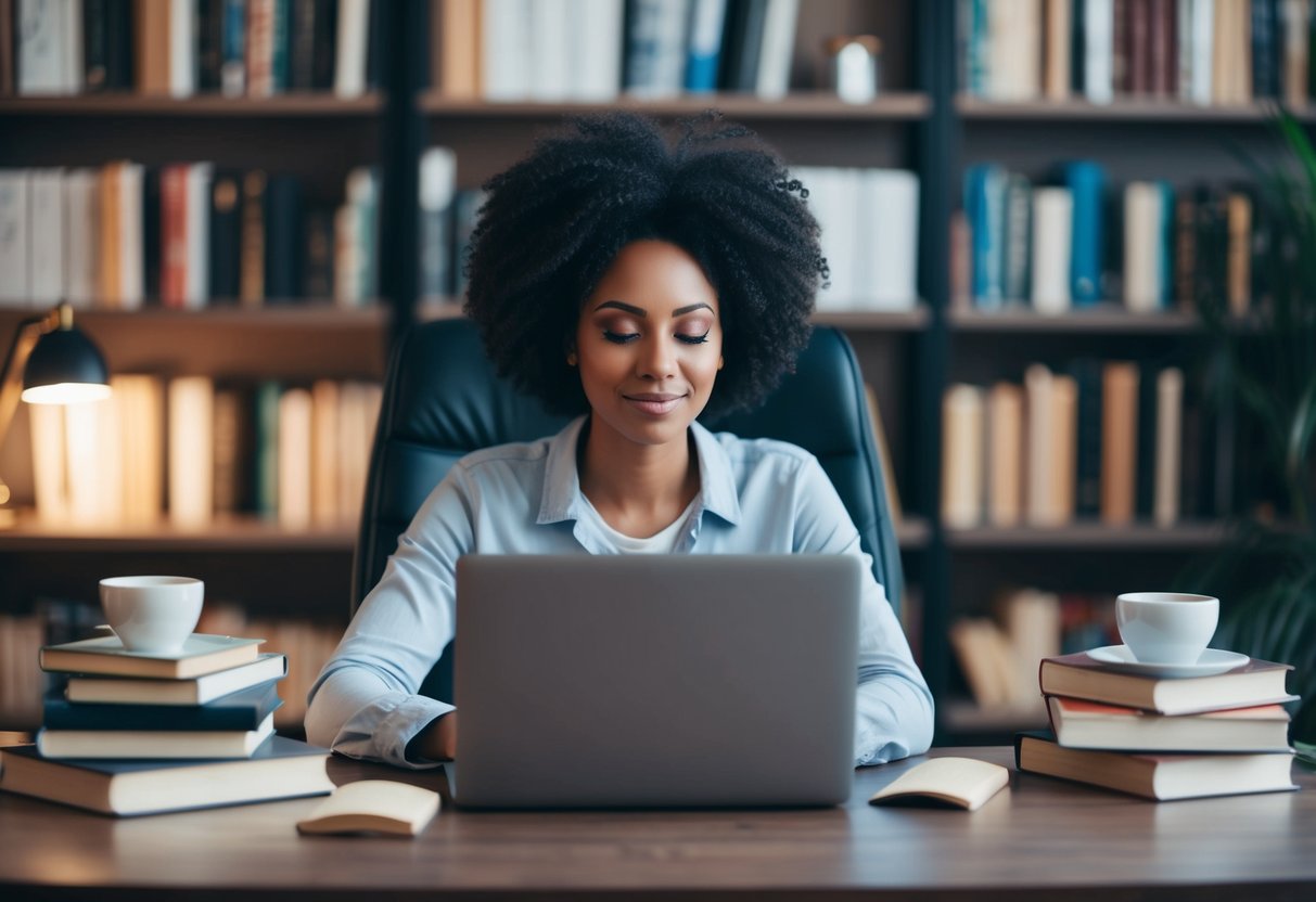 A person sitting at a desk, surrounded by books and a laptop, with a serene and focused expression while engaging in an online course on emotional resilience