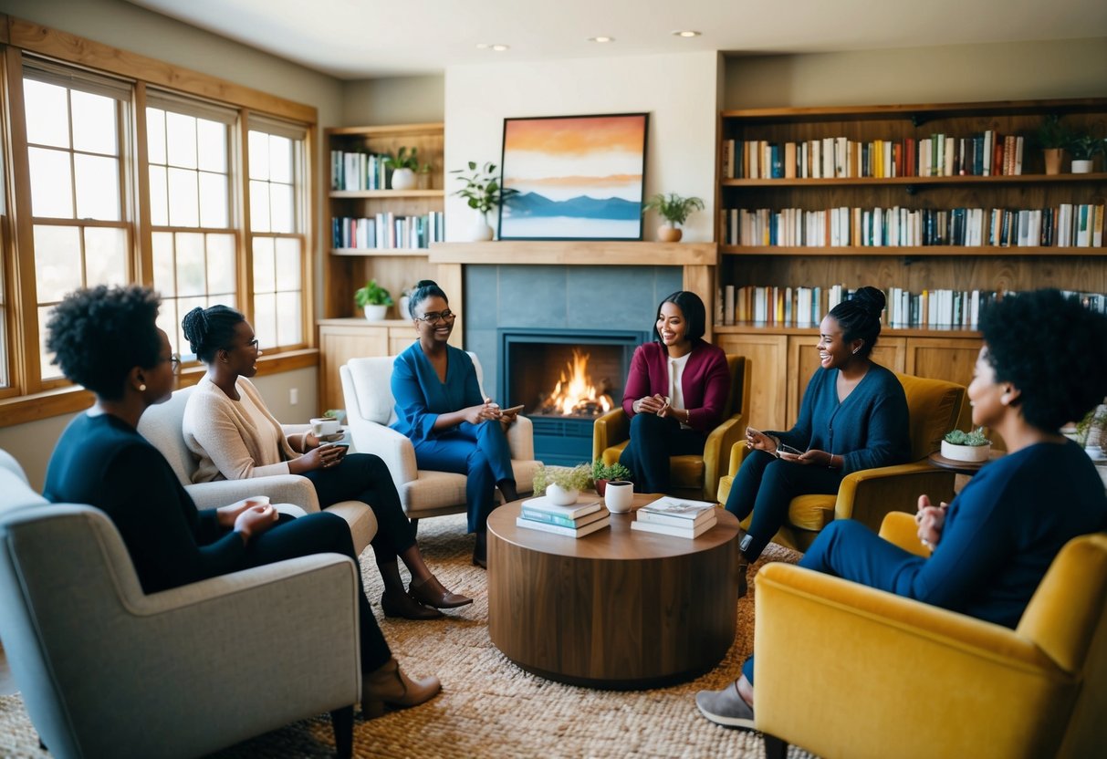 A cozy living room with a warm fireplace, comfortable chairs, and shelves filled with books on healing and self-care. A group of diverse individuals engage in lively discussion