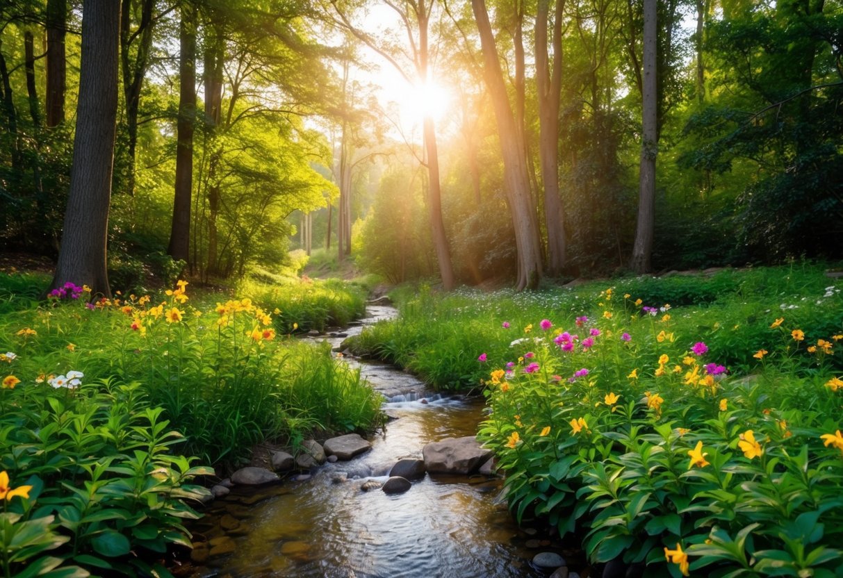 A serene forest clearing with a gentle stream, surrounded by colorful flowers and lush greenery. The sunlight filters through the trees, casting a warm and comforting glow