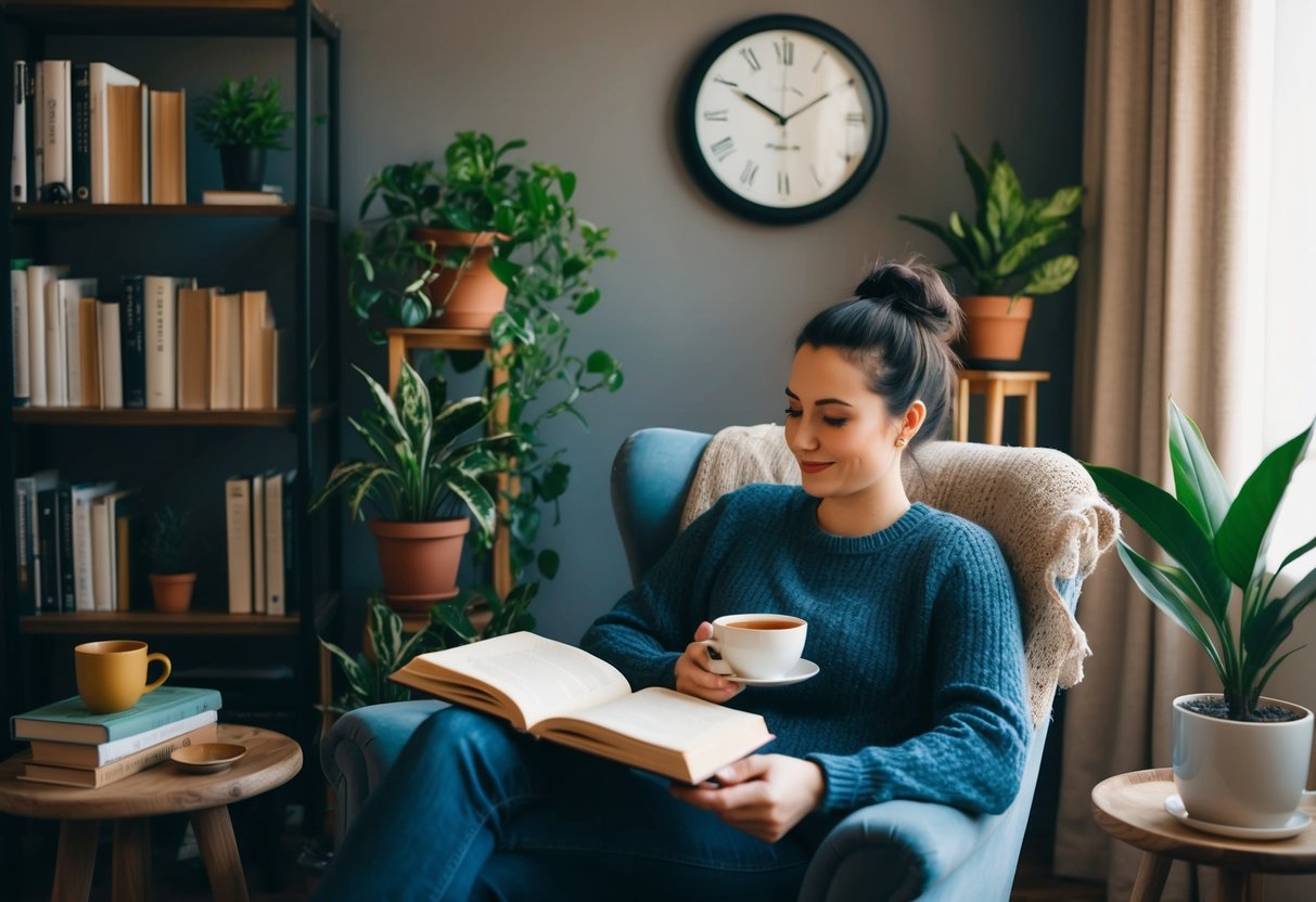 A person sitting in a cozy chair, surrounded by plants and books, with a cup of tea, and a journal open on their lap. A clock on the wall shows the passage of time