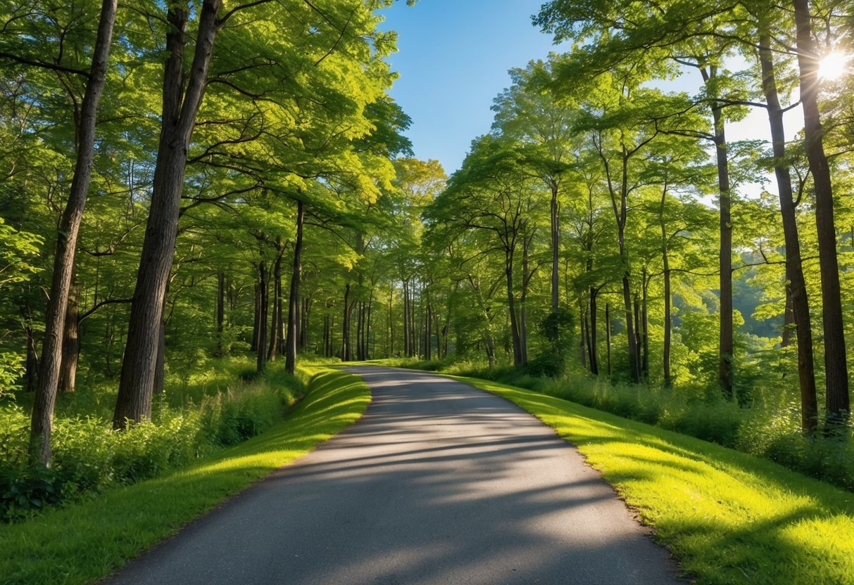 A serene nature scene with a winding path leading through a peaceful forest, sunlight filtering through the trees, and a clear blue sky above