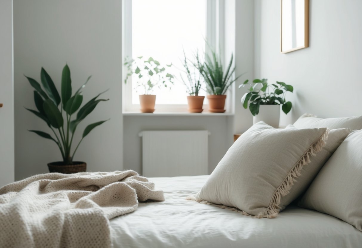 A serene, minimalist room with soft natural light, plants, and cozy blankets