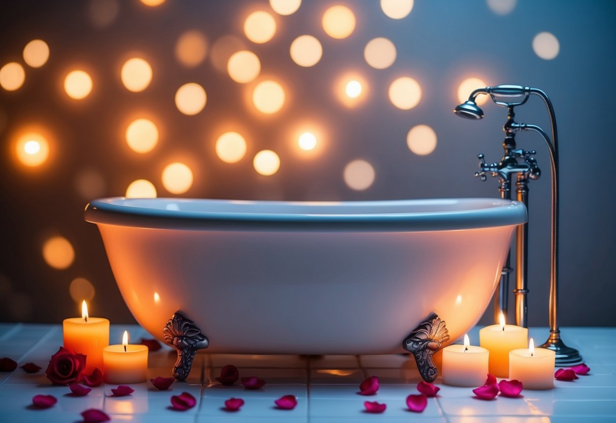 A serene, candlelit bath with rose petals and soothing music