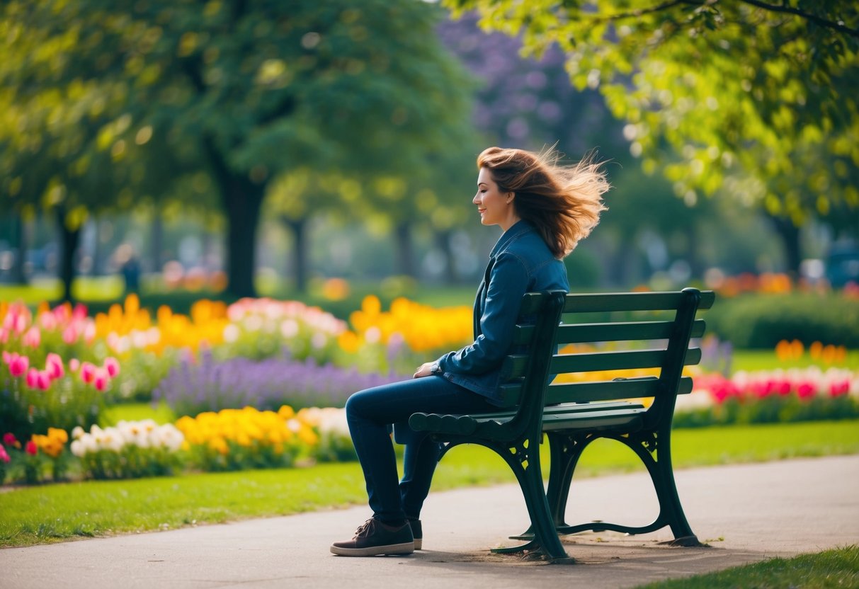 A person sitting alone on a park bench, surrounded by colorful flowers and trees, with a gentle breeze blowing through their hair