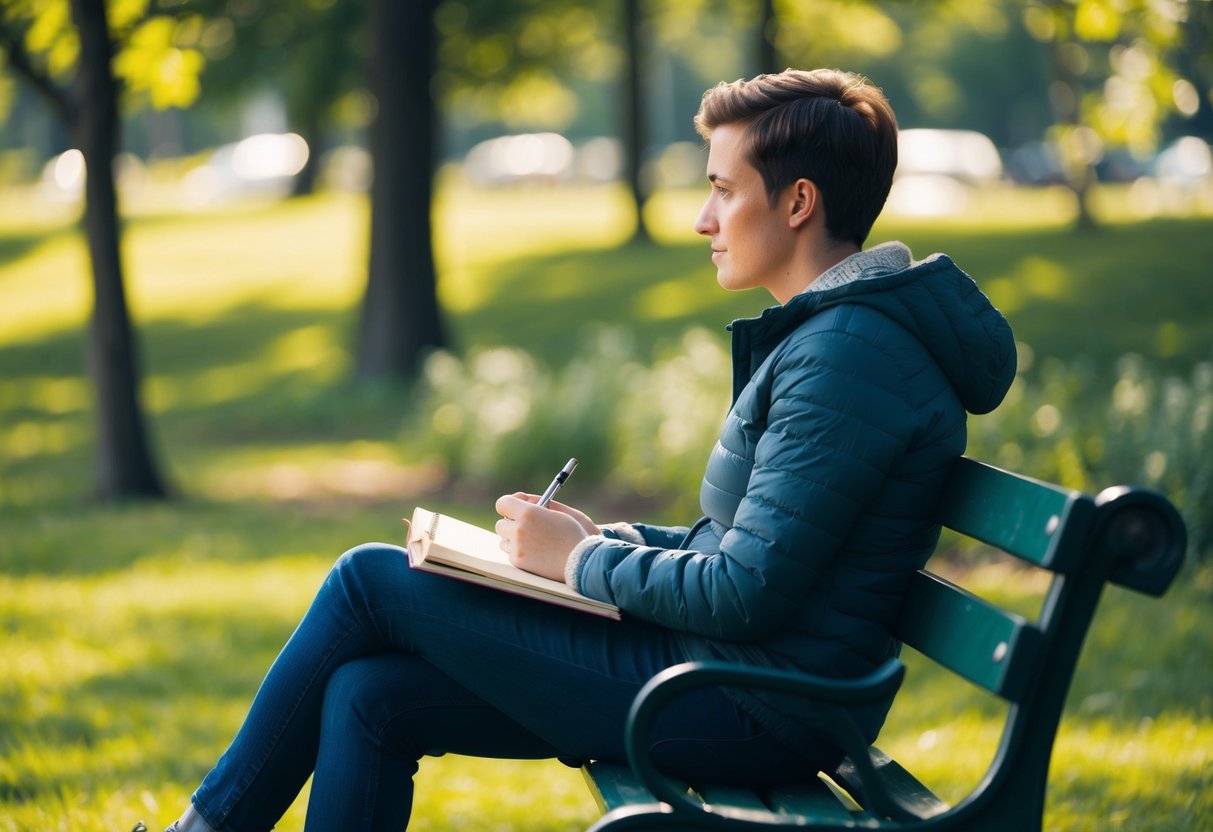 A person sitting on a park bench surrounded by nature, with a journal and pen in hand, looking reflective and contemplative