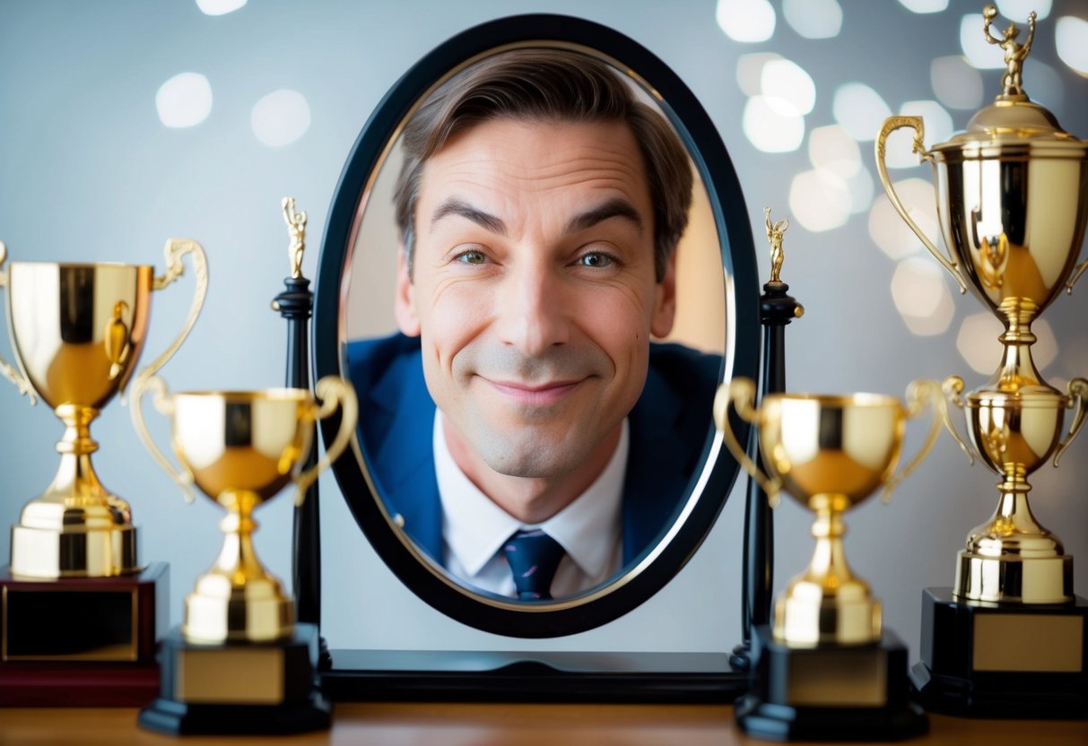 A mirror reflecting a person's face with a smug expression, surrounded by trophies and awards