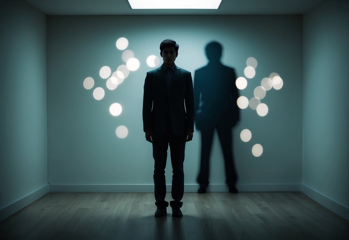 A person standing alone in a dimly lit room, with a shadowy figure looming behind them, casting doubt and confusion