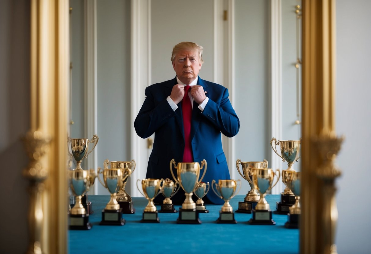 A mirror reflecting a grandiose, self-absorbed figure surrounded by trophies and accolades