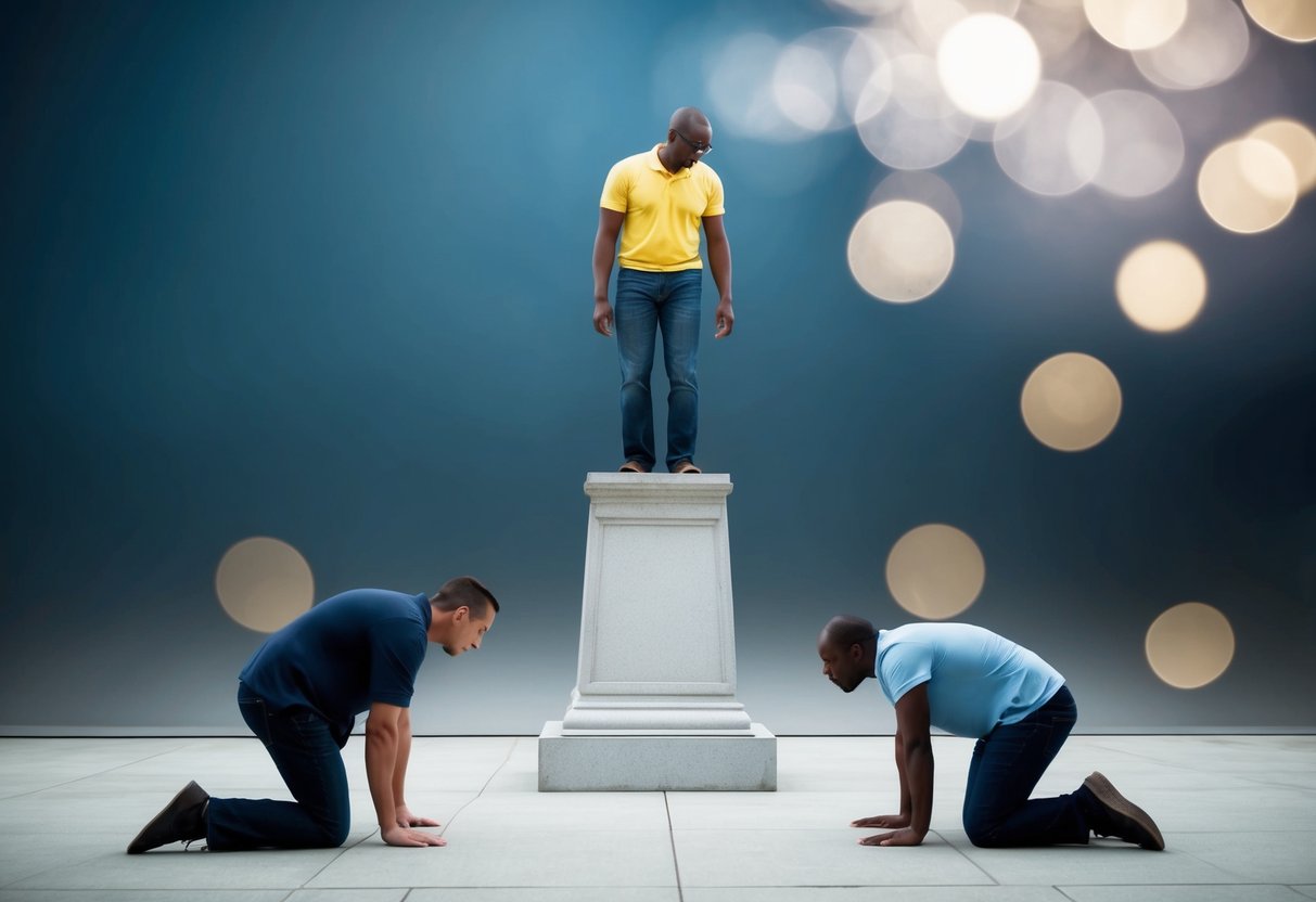 A person standing on a pedestal, looking down at others with a smug expression. The others are cowering and appear small and insignificant in comparison