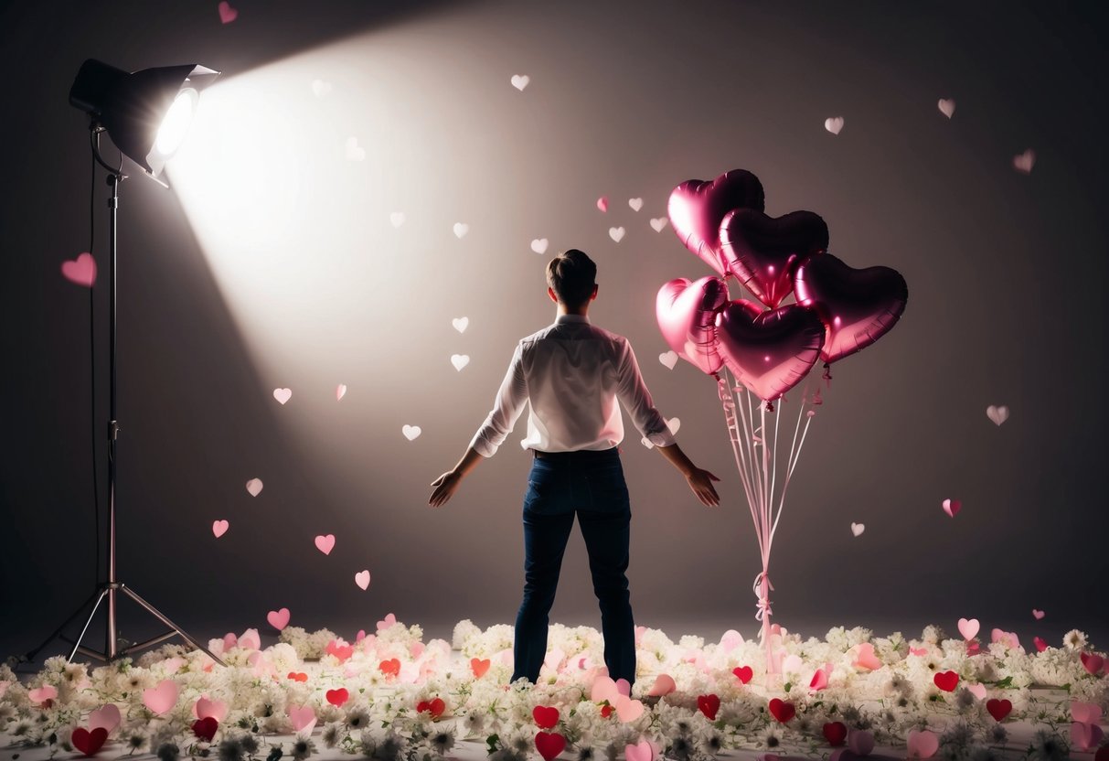 A person standing in a spotlight, surrounded by heart-shaped balloons and flowers, then suddenly the spotlight goes out and everything fades to darkness