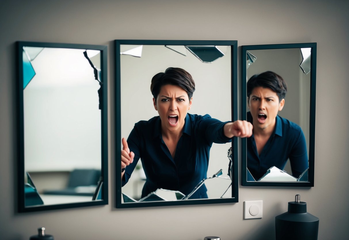 A figure surrounded by broken mirrors, angrily pointing at their reflection