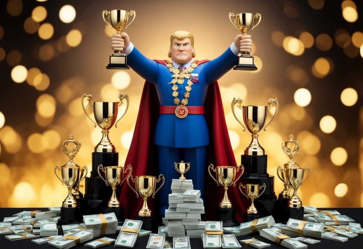 A grandiose figure surrounded by trophies, money, and adoring admirers