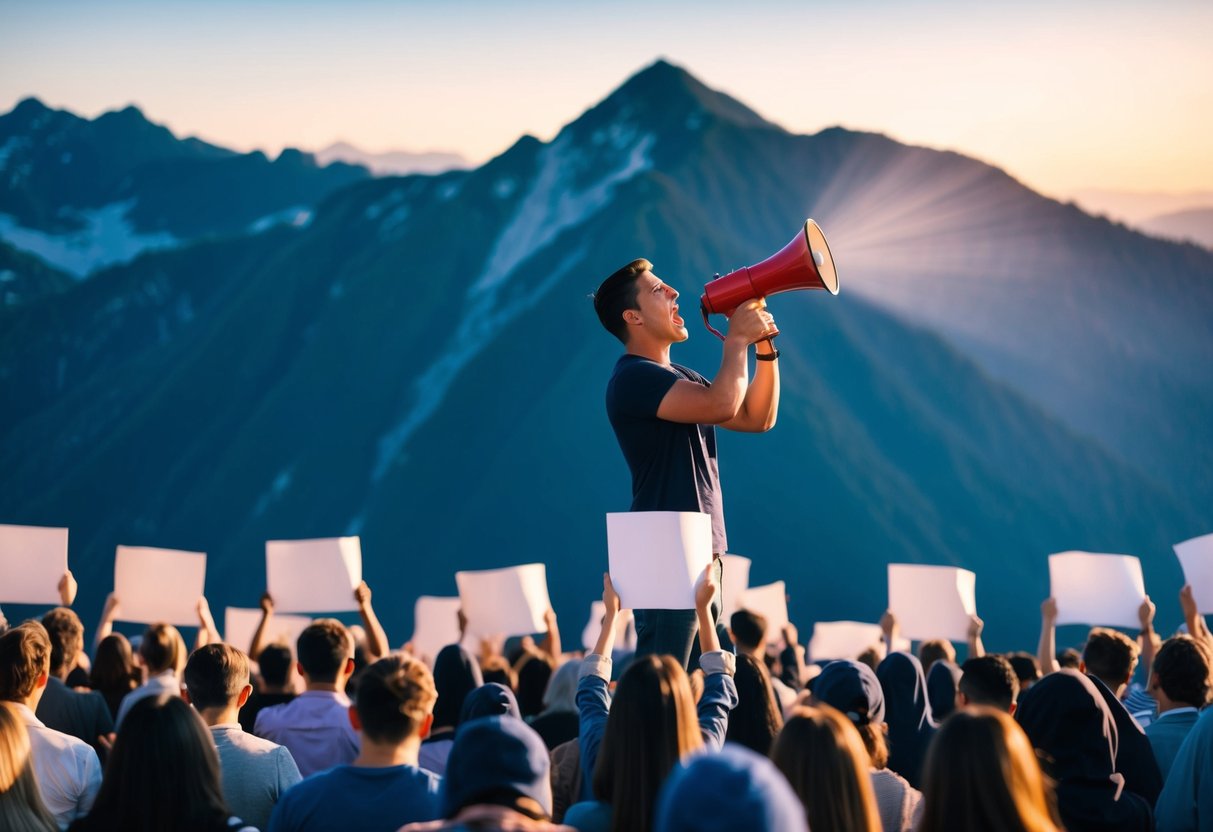 A person standing on top of a mountain, using a megaphone to shout down at a crowd of people below, who are all holding up signs with their heads bowed