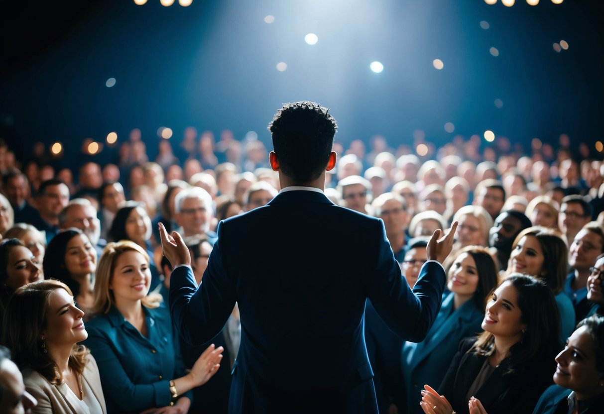 A person standing in front of a large crowd, basking in the spotlight as everyone around them gazes in admiration and awe